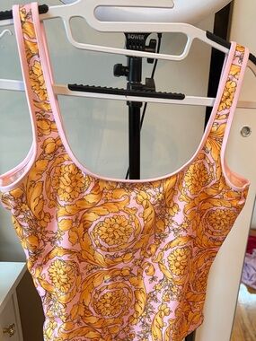 Versace Pink & Gold one piece swimsuit with matching headscarf.